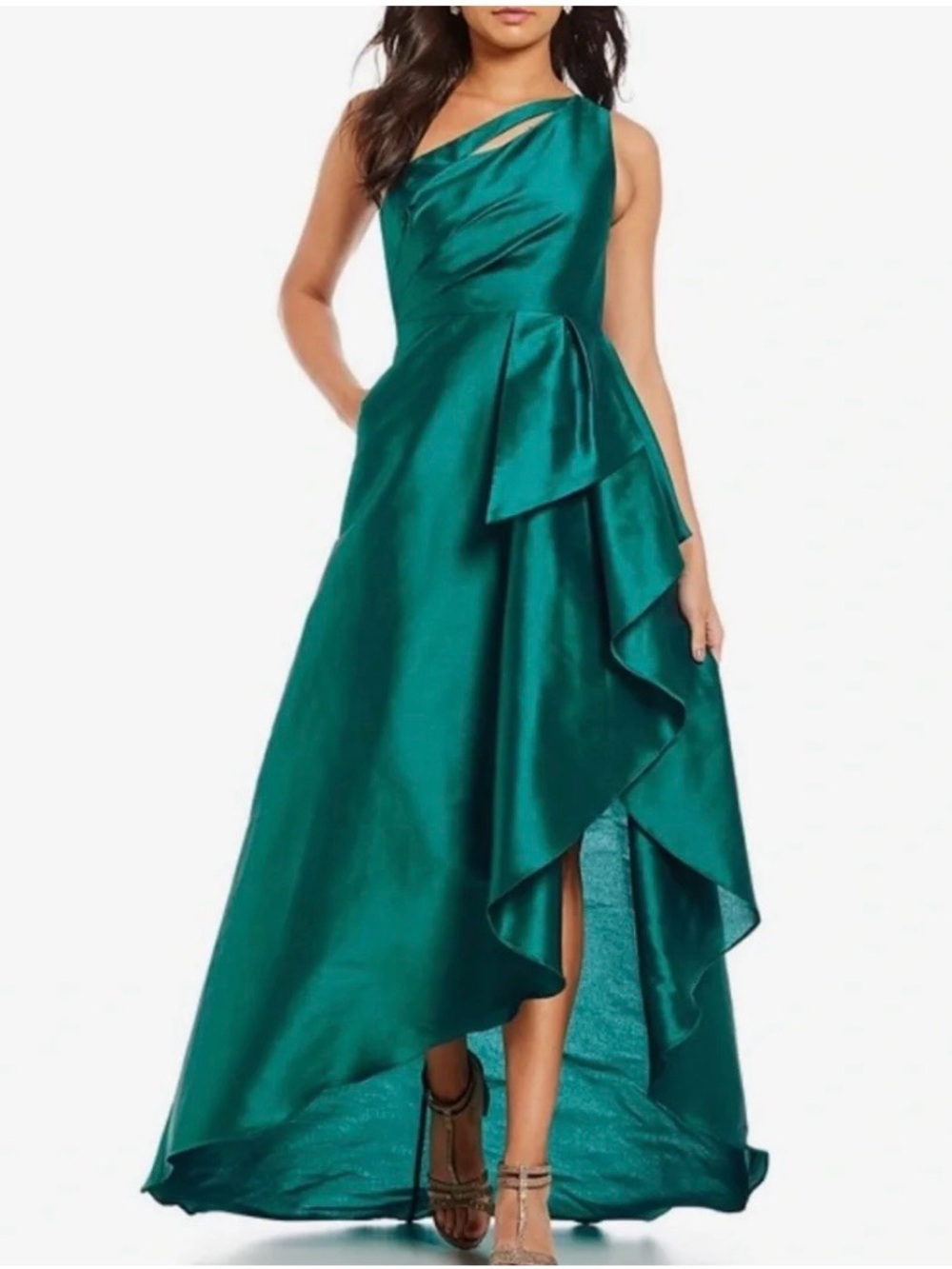 Adrianna Papell Teal High-Low Ruffle One-Shoulder Gown